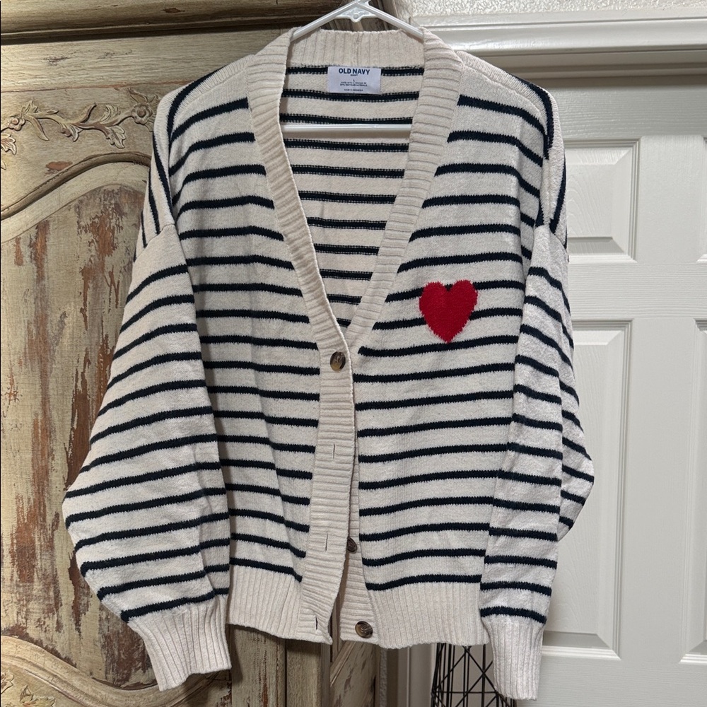 Old Navy Cream and Navy Striped Cardigan with Red Heart Patch